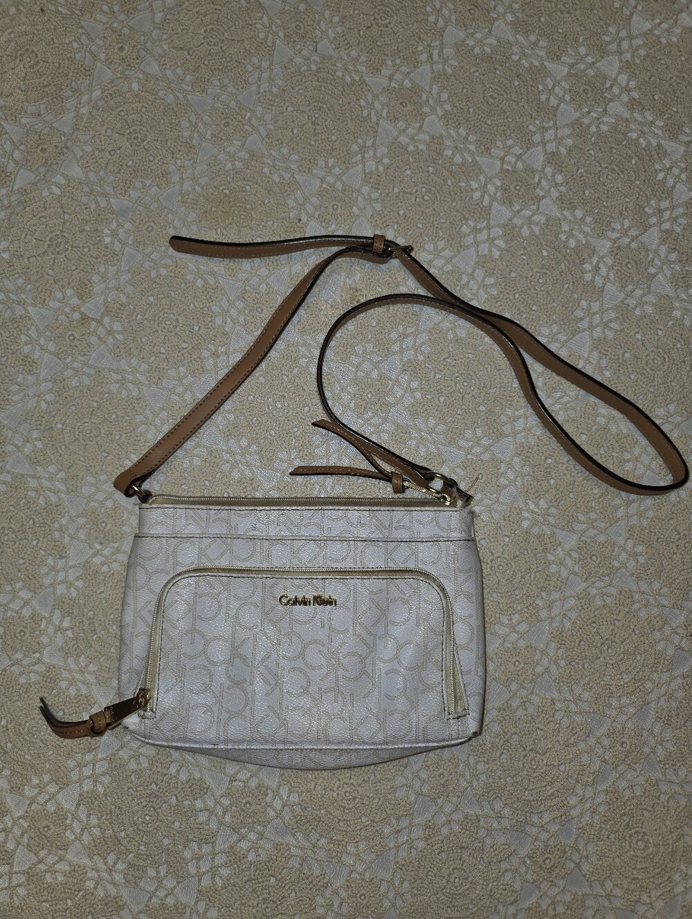 Calvin Klein Cream Monogram Crossbody with Tan Strap